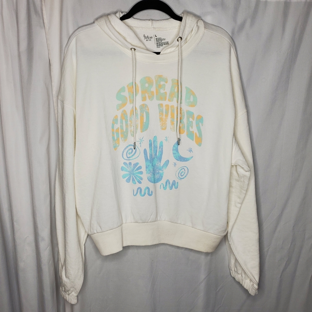 ☆ Flirtitude Graphic Print Spread Good Vibes Cream Hoodie Sweatshirt Size Large